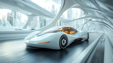 Fototapeta premium Futuristic car zips through sleek cityscape tunnel