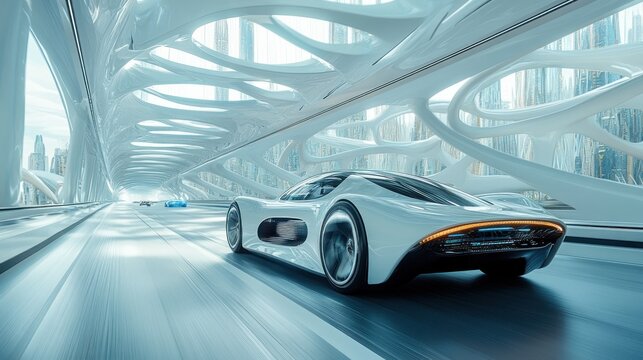Sleek futuristic car driving through bright urban tunnel