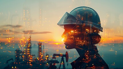 Double exposure combining an engineer in a safety helmet with an oil plant, reflecting the integration of industrial, technology, safety, and environmental concepts with gasoline themes. High