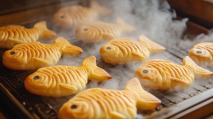 Steaming hot Japanese taiyaki fish-shaped cakes fresh out of the oven, with a cozy kitchen and wooden background.