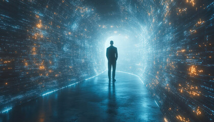 Fototapeta premium Person in a lit tunnel surrounded by digital lights
