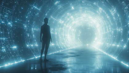 Mystical tunnel with person and dazzling light scene