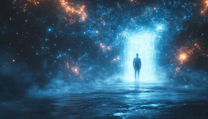 Journey through glowing cosmic doorway to unknown realm