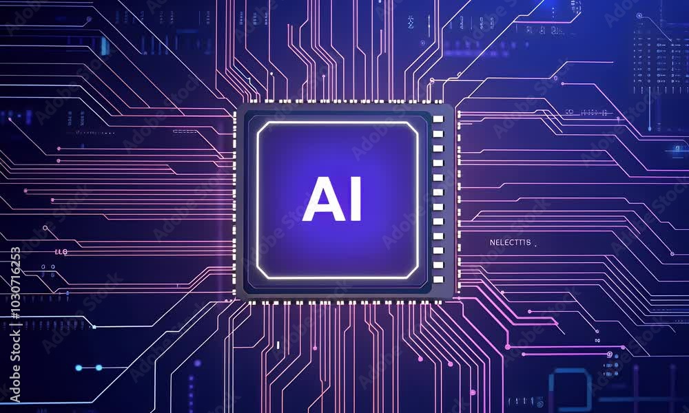Poster a digital ai letters, floating above circuit board background with glowing nodes and wires.
