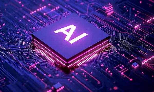 
A digital AI letters, floating above circuit board background with glowing nodes and wires.