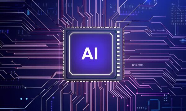
A digital AI letters, floating above circuit board background with glowing nodes and wires.