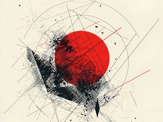 abstraction with a red circle on a black-white background