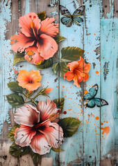 Butterfly And Spring Flower on Wood Planks Poster, Home Decoration Wall Art Canvas