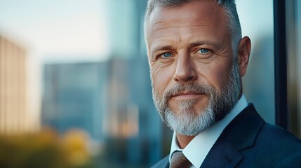 A confident and successful middle aged businessman standing in front of an office window during a beautiful sunset his silhouette casting a striking shadow on the glass