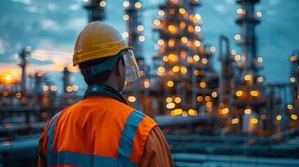 Double exposure of an engineer in a safety helmet with an oil plant backdrop, blending industrial, technology, safety, and environmental work concepts with petroleum and gasoline themes. High
