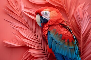 Fototapeta premium A scarlet macaw showcases its bright feathers while perched near large tropical leaves. The coral background enhances the bird's vivid colors, creating a striking visual experience