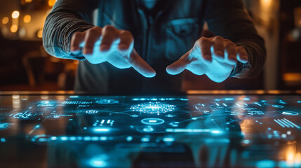 Dynamic blue interface with hands interacting above.