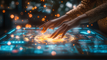 Elegant hands navigating digital touch interface