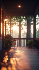 A porch swing hangs serenely on a wood deck bathed in the golden light of sunset.