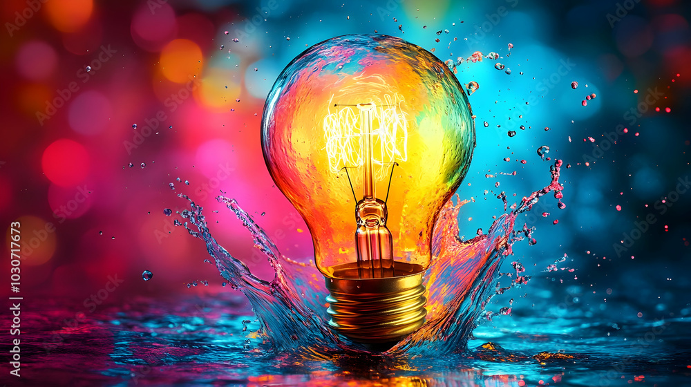 Poster a light bulb splashing in water with colorful bokeh background.