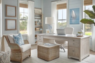 A coastal office with light, airy colors, natural light, and nautical decor accents.