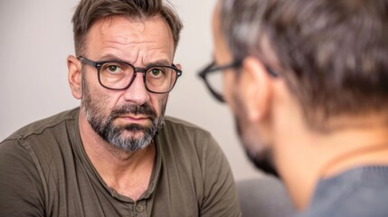 Fototapeta premium A man wearing glasses looks intently at someone off-camera