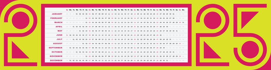 2025 calendar Horizontal creative design yellow and pink