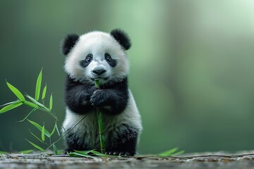 Fototapeta premium A playful young panda sits contentedly while munching on green bamboo shoots in a tranquil forest, surrounded by natural greenery and soft light