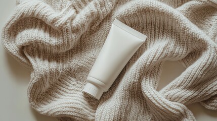 Blank White Cream Tube on Cozy Knitted Fabric