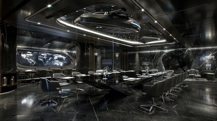 Modern Futuristic Conference Room Interior with Black Marble and Sleek Furniture