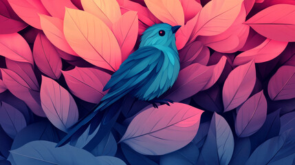 Obraz premium A lone blue bird perches on a leaf, surrounded by pink and blue leaves.