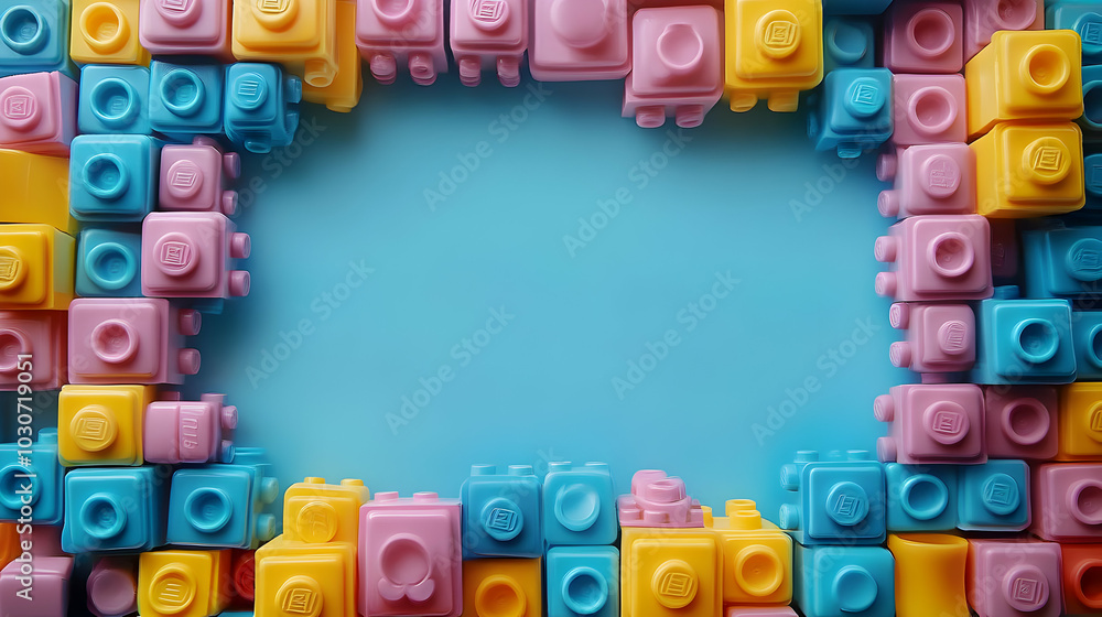 Poster colorful building blocks arranged in a frame on a blue background.