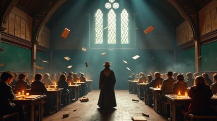 A magnificent grand hall of a magical school is alive with activity as students practice spells.