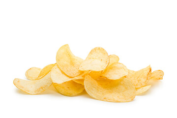 Potato chips pile on white background.