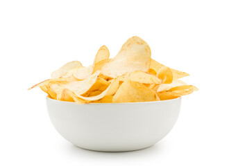 Potato chips pile into white bowl on white background.