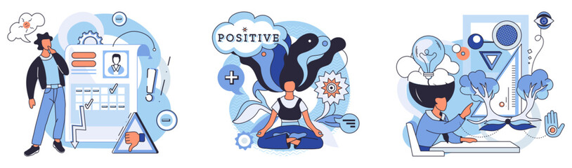 Mindset. Scene of a man in front of a board, a person meditating with positive thoughts, and individuals brainstorming with ideas. Ideal for personal growth, learning, mindfulness, creativity