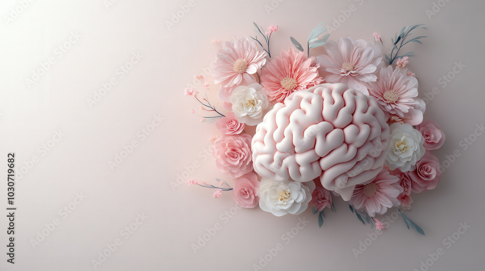Poster 3d rendering of brain surrounded by soft pastel flowers, creating serene and artistic composition. d