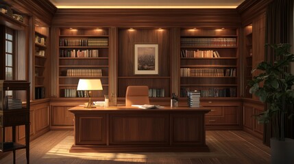 A classic wooden office with a large desk, bookshelves, a leather chair, and a lamp on the desk. The office is decorated with a picture on the wall and a plant in the corner.