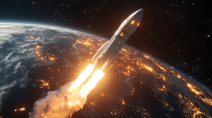 Obraz premium Spacecraft climbing above illuminated Earth at night.