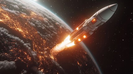 Rocket propelling through dark space into bright unknown.