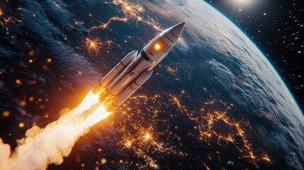Rocket soaring past Earth into the starry universe.