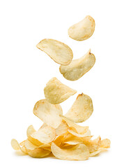 Potato chips falling on pile on white background.