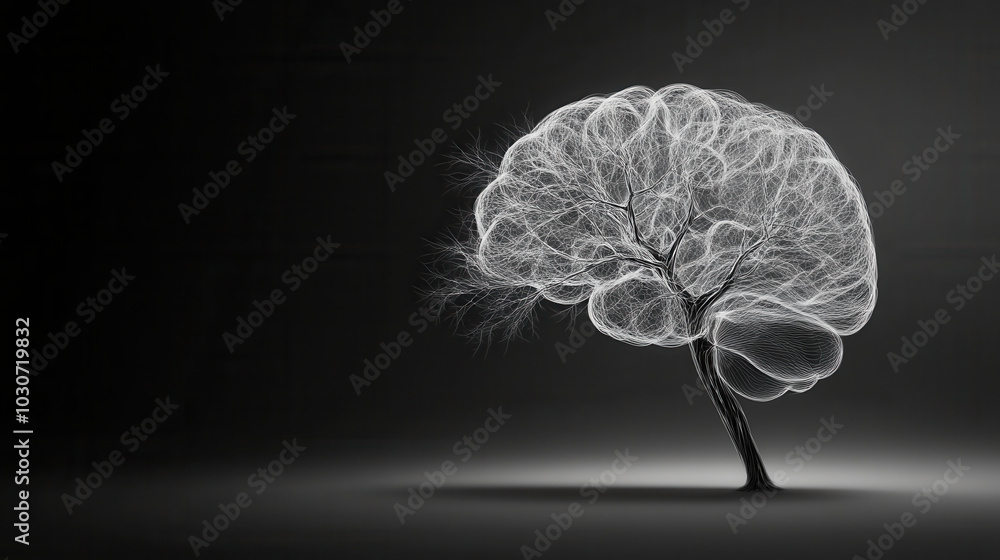Poster brain constructed from swirling lines resembling tree, symbolizing growth and creativity. this artis