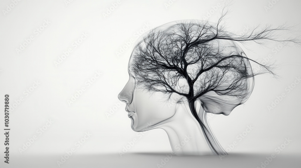 Poster surreal representation of human head with tree emerging from brain, symbolizing connection between n