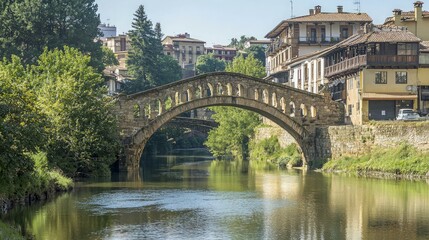Fototapeta premium A stone arch bridge crosses a river with a village in the background.