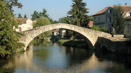 Naklejka premium A stone arch bridge spans a calm river, with lush greenery and quaint houses in the background.