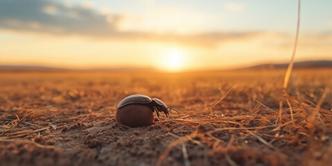 A macro shot of dung beetles in an African savanna, rolling dung balls under the sun, dry grass in the background