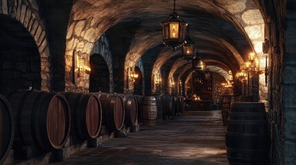 Wooden barrels lined up in a cellar with arched stone ceilings and dim lighting, creating an old-world, mysterious atmosphere.