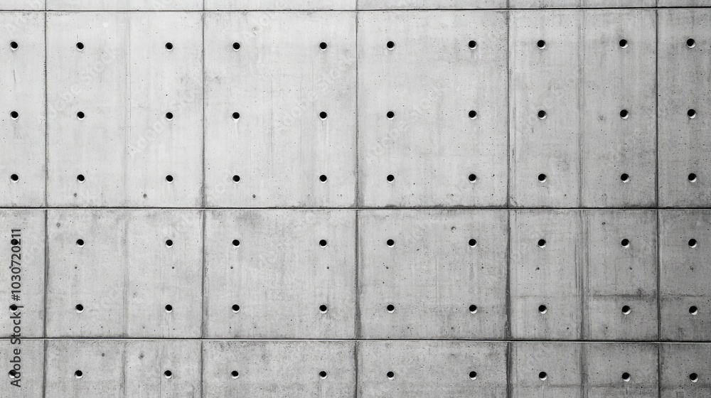 Poster modernist architecture textured concrete wall with regular grid pattern of holes, background.