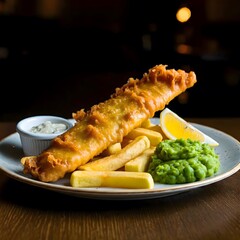 Classic British fish and chips served with mushy peas and tartar sauce