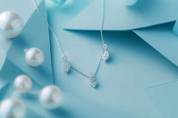 Golden jewelry with white natural pearls on blue background closeup. Pearl necklace on geometric background with shadows