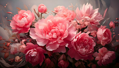 Obraz premium Abstract Surreal pink flowers bouquet with soft colors and elegant textures on digital art concept, Generative AI.