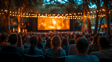 Outdoor movie screening with a large audience under string lights.