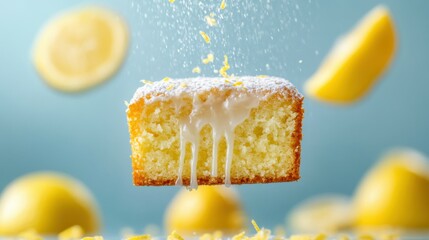 Delicious Lemon Drizzle Cake Slice Floating in Air