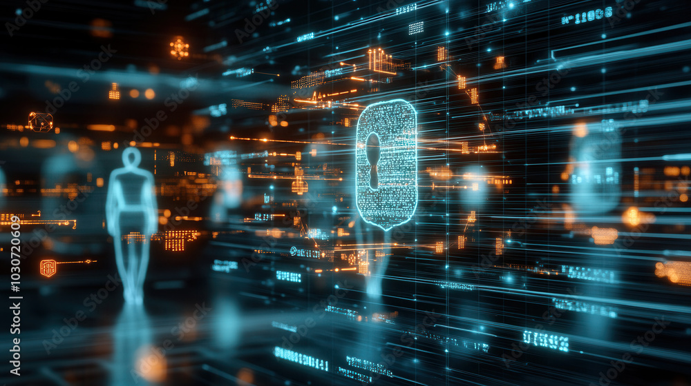 Aufkleber conceptual image of secure digital ecosystem featuring lock symbol and data streams. visual conveys 